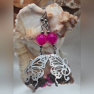 Silver and Pink Butterfly Dangle Earrings